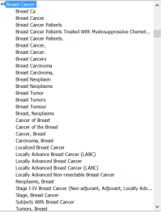 breast cancer as a condition in clinicaltrials.gov database appears in many different forms